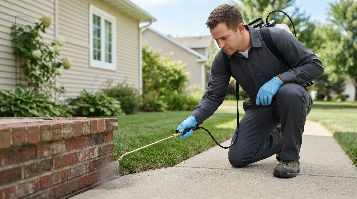Pest control technician treating a home near Waconia, MN